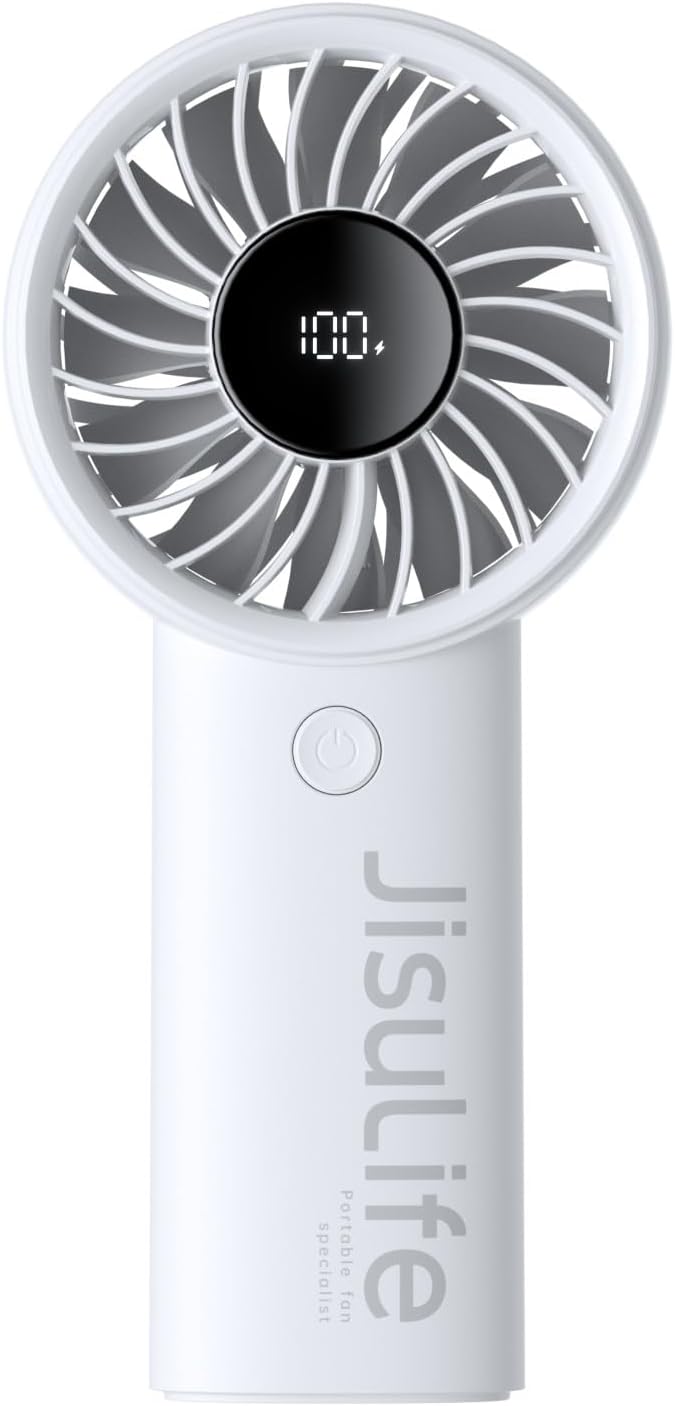 JISULIFE Handheld Portable Fan, Stronger and Longer-Lasting: 5 Speed, 5000mAh Battery, 12-Blade Turbo For Powerful Wider Wind, LED Display, Rechargeable Personal Fan for Travel Concerts Makeup-Gery