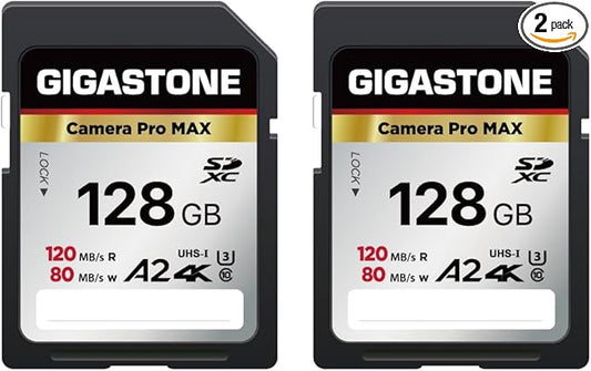 【5-Years Data Recovery】 GIGASTONE 128GB SD Card 2-Pack, 4K Camera Pro MAX, UHS-I A2 4K SDXC Memory Card High Speed 4K UHD Video Compatible with Kodak Digital Camera, with 2 Mini Cases