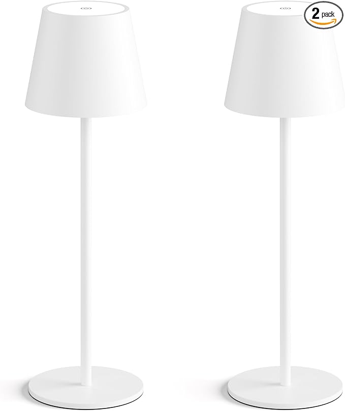 irotine 2-Pack White Cordless Table Lamp,Rechargeable LED Desk Lamp,5000mAh Battery Operated Lamp,3000K Warm Light Stepless Dimming,IP54 Waterproof Portable Table Light for Restaurant/Camping,White