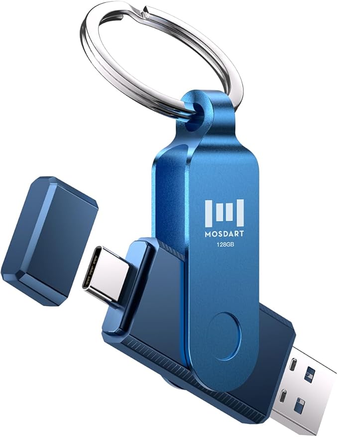 MOSDART 128GB Dual USB C 3.2 Flash Drive, Speed Up to 150MB/S Type C Thumb Drive with Keychain and LED Indicator, for iPhone 15,16,17, Android Phone, iPad, MacBook, and Laptops, Navy Blue