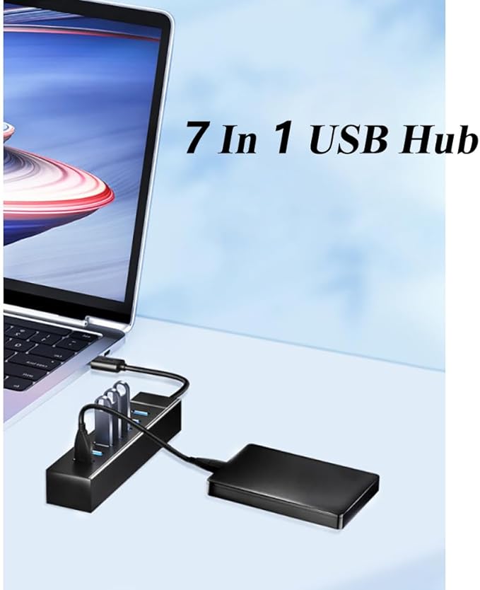 SuperSpeed USB 3.0 Hub 7-Port, Multiple Port USB Hub with Indictor Light, High Speed Data Transfer & Sync, Compatible with Mouse, Keyboard, Printer, Windows, MacOS, Linux