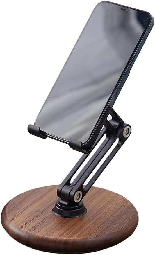xjwoodsmart iPhone Stand for Desk, Phone Stand Adjustable Foldable, Cell Phone Holder 360 ° Rotation, Compatible with iPhone 17 16 15 14 13 12 Pro Xs Xs Samsung Galaxy Tablets All Phones, Walnut Wood