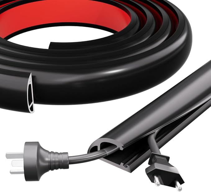 Kneelisa 10FT Side-Open Extension Cord Covers for Wires on Floor,Silicone Power Cable Protector Cord Hider Management Strip,Hide Electric Wire on Carpet,Chord Runner Protective Safety,Black
