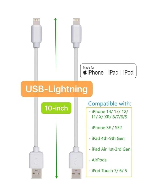 JuSoFU 10-Pack Multi Short USB Cables & TypeC-C Cables for Charging Stations Compatible/w iPhone17,16,15, iPhone5-14/ iPads/iPad mini/iPad Pros/Samsung Moblies & Tablets/Pixel & Nexus/HTC/Sony(White)