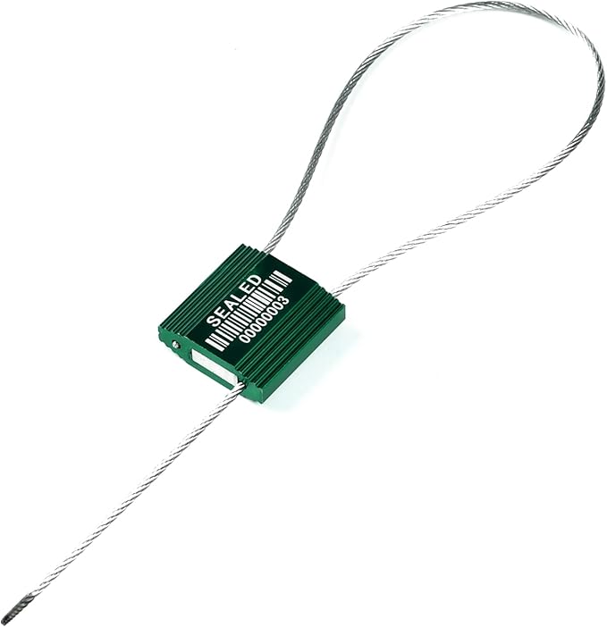 LeadSeals 100 Green Steel Cable Seals With Barcode - High Security Numbered Truck Anti-Tamper Pull Tite Tags - Metal Container Shipping Self-Locking Safety Ties ISO 17712