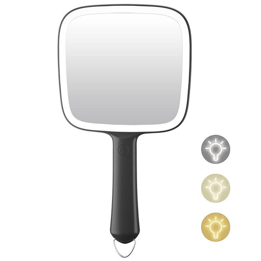 Famihomii Hand Mirror with 3 Light Color & Dimmable, Lighted Handheld Mirror, Lightweight & Durable, Portable & Hangable for Makeup Application, Hair Styling, Shaving, Battery Operated