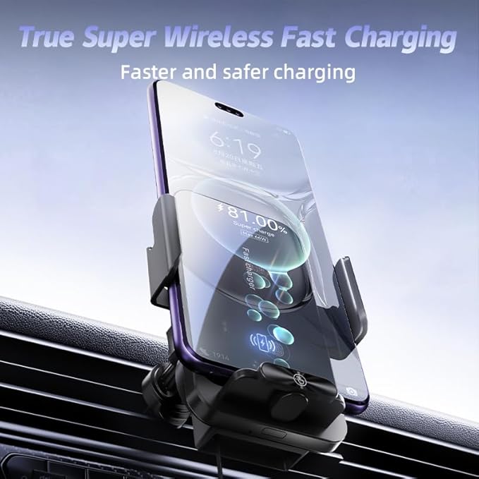 HOLIKLJY Magnetic Phone Holder Car Wireless Charger, 66W Fast Charging Phone Mount 360 Adjustable Rotatable Auto-Clamping Car Vent for Mount - Dashboard Phone Holder for iPhone/Android/Samsung (Black)
