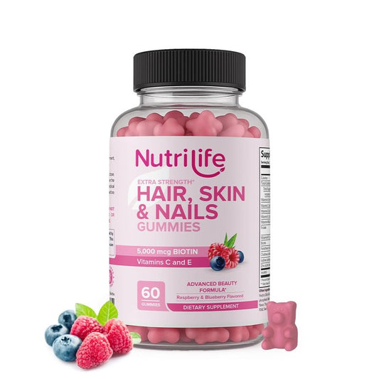 NutriLife Advanced Hair, Skin & Nails Gummies – Biotin with Vitamin C & E – Vegan Beauty Support – Promotes Hair Growth, Strong Nails & Radiant Skin – Non-GMO, Gluten-Free, Made in USA