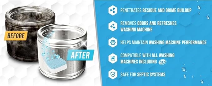 Washing Machine Cleaner Descaler 12 Pack - Deep Cleaning Tablets For HE Front Loader & Top Load Washer, Septic Safe Eco-Friendly Deodorizer, Clean Inside Drum and Laundry Tub Seal - 12 Month Supply(1C