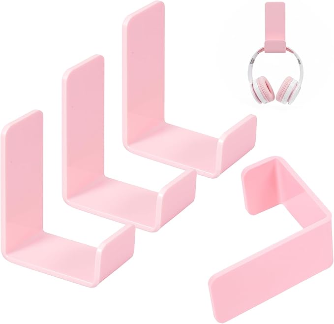 Weewooday 4 Pieces Headphone Hanger Headset Stand Holder Adhesive Wall Mount Headphone Hook for Desk Acrylic Gaming Earphones Hanger with Glues for Earphone Controller(Pink)
