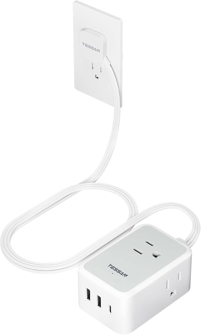 TESSAN Small Flat Plug Power Strip, Ultra Thin Extension Cord 3 ft, 3 AC Outlets with 3 USB Ports (1 USB C), Multiple Wall Outlet Extender for Cruise Travel Office School Dorm Room Essentials