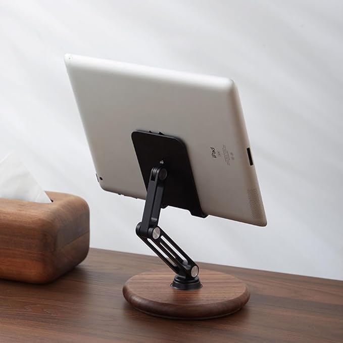 xjwoodsmart iPhone Stand for Desk, Phone Stand Adjustable Foldable, Cell Phone Holder 360 ° Rotation, Compatible with iPhone 17 16 15 14 13 12 Pro Xs Xs Samsung Galaxy Tablets All Phones, Walnut Wood
