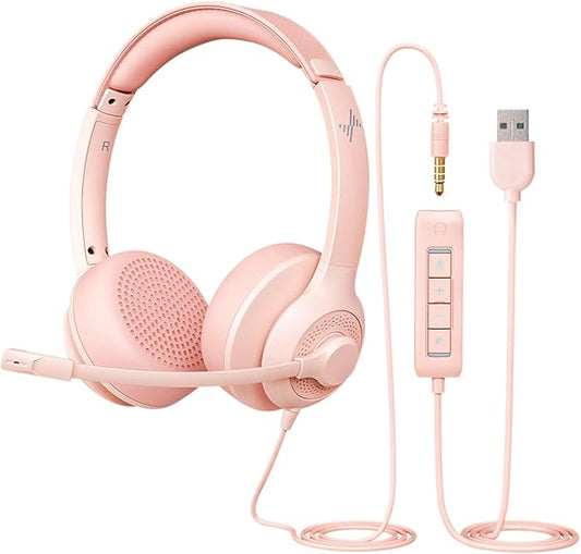 JIAMQISHI USB Headset with Microphone for PC, On-Ear Computer Laptop Headphones with Noise Cancelling Mic in-line Control for Home Office Online Class Zoom (USB+3.5mm, Pink)