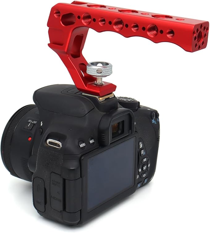 SZJELEN Universal Top Handle with Quick Release NATO Grip with NATO Rail for DSLR Camera Cage, with 3 Cold Shoe Adapters to Mount DSLR Camera with Microphone/LED Light/Monitor (Red with NATO Rail)