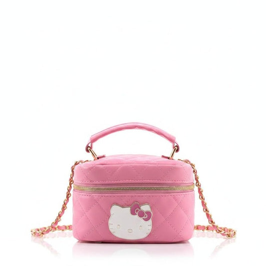 Sanrio Hello Kitty Crossbody Bag for Women | Pink Quilted PU Leather Mini Purse with Gold Chain Strap | Cute Hello Kitty Handbag, Top Handle Bowler Bag, Y2K Kawaii Aesthetic for Teens, Girls
