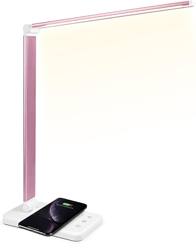 JOSTIC LED Desk Lamp with Wireless Charger, USB Charging Port, Desk Lighting with 10 Brightness, 5 Color Modes, Dimmable Eye Caring Reading Desk Lamps for Home Office, Touch Control, Auto Timer, Pink