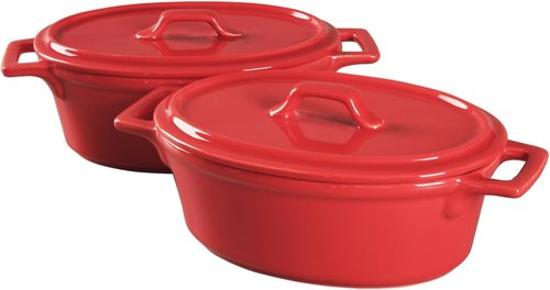 Ceramic Mini Oval Cocotte Set - 10 Oz Small Casserole Dishes with Lids & Handles | Red 7.1 Inch, Oven & Microwave Safe