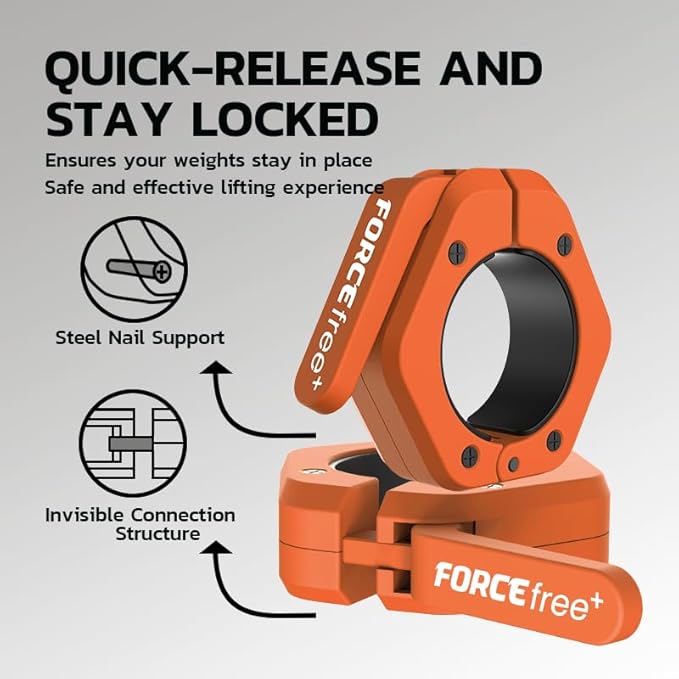 Forcefree+ Barbell Clips (Pair), Barbell Clamps, Quick Release Olympic Barbell Clamps with Anti Slip TPR Grip, Barbell Collars for Secure Weightlifting & Powerlifting (Non Magnetic, Orange)