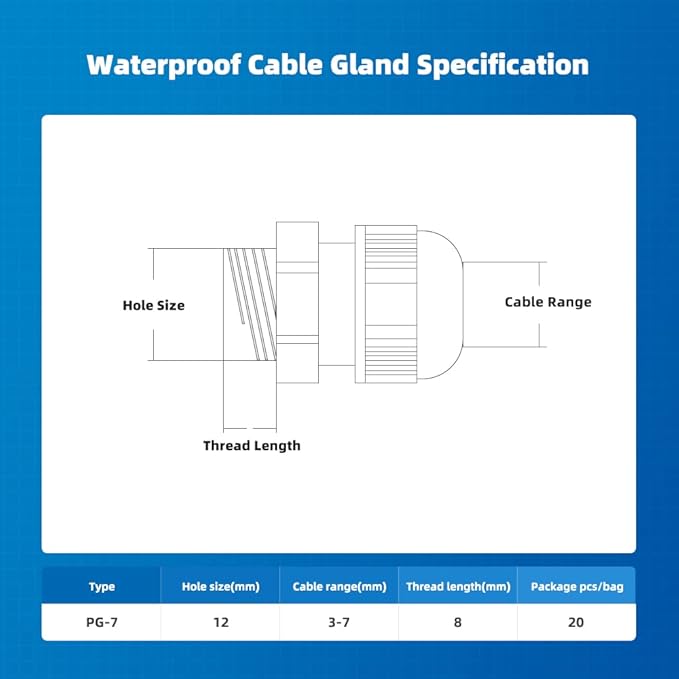 CGELE Cable Gland 20 Pack Plastic Waterproof Adjustable Connector 3-7mm PG7 Strain Relief Cord Connectors Joints Nylon with Gaskets