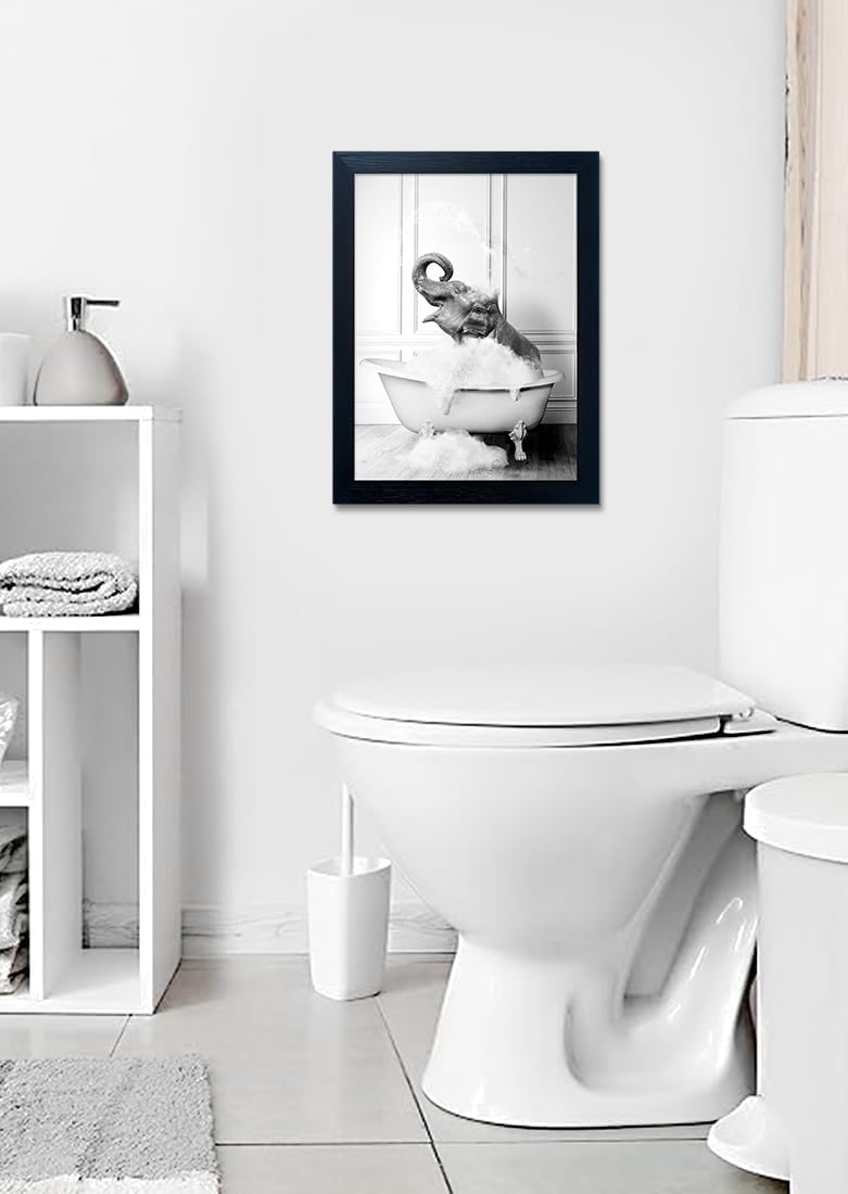 Regine Switzerland Framed Bathroom Decor - Funny Elephant in Bathtub Canvas Art | Black and White Print