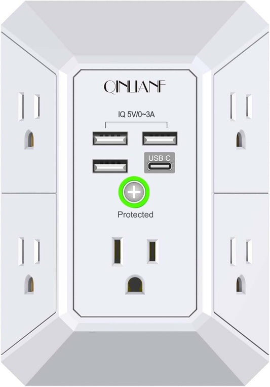 QINLIANF Wall Charger - 5 Outlet Surge Protector with 4 USB Ports | 3-Sided 1680J Power Strip for Home & Office