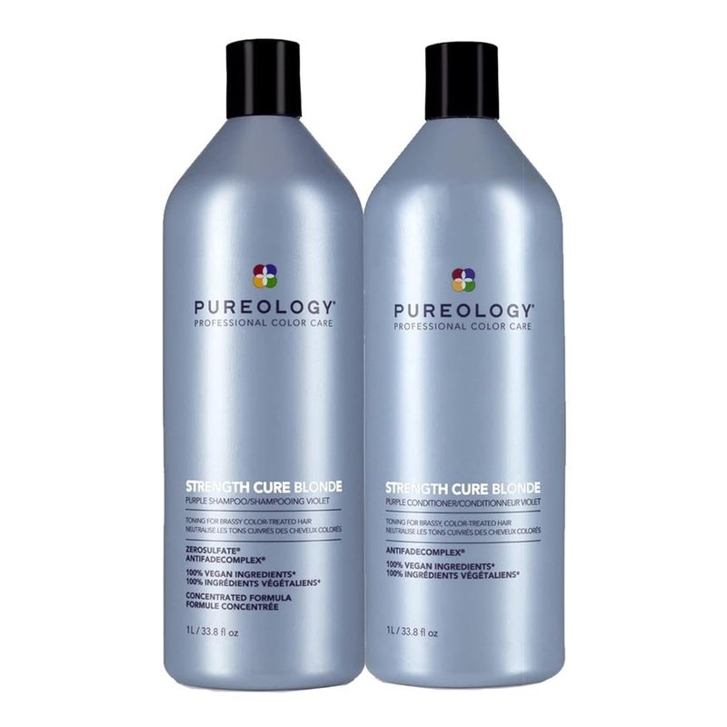 Pureology Strength Cure Blonde Purple Shampoo & Conditioner Bundle | For Blonde & Lightened Color-Treated | Sulfate-Free | Vegan | Updated Packaging | 33.8 Fl. Oz.