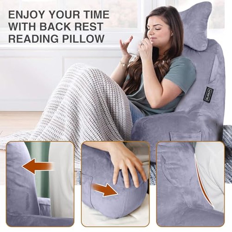 SLIGUY Reading Pillow-Bed Rest Pillow with Detachable Neck Roll & Higher Support Arm for Sitting in Bed Couch or Floor-Backrest Reading Pillow Adult Back Pillow for Reading/Watching TV/Gaming,Beige
