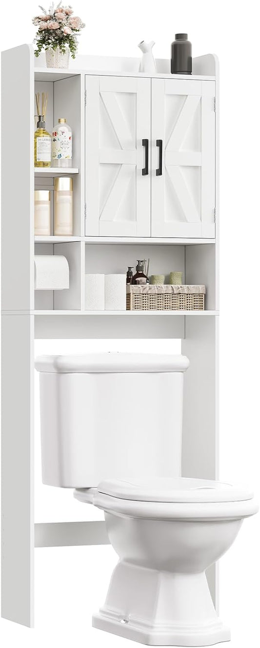 TEENFON Over The Toilet Storage Cabinet - Extra Tall Bathroom Organizer with 4 Open Shelves & 2 Barn Doors | White