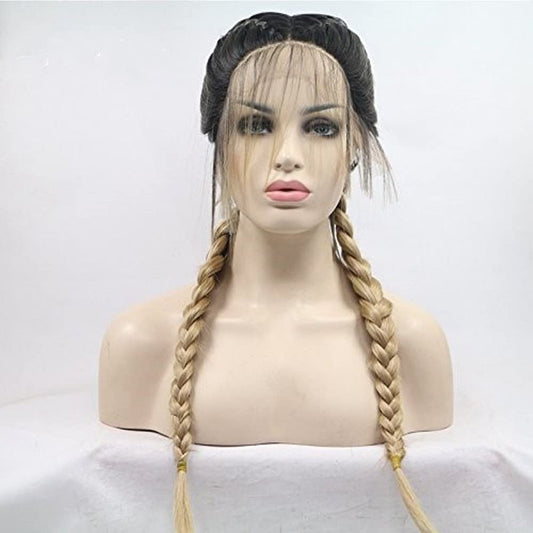 Brown & Dark Root Double Braids Synthetic Lace Front Wig - 24 Inch Heat Resistant Fiber for Women & Cosplay