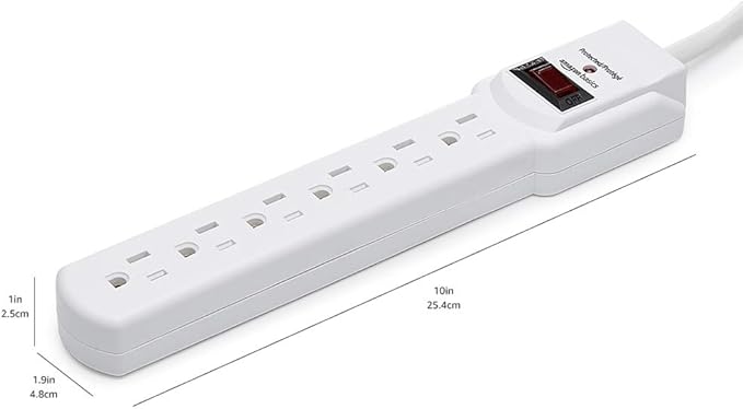 Amazon Basics Surge Protector Power Strip, 6-Outlet with 200J Protection, Circuit Breaker, LED Indicator, On/Off Switch, Wall-Mounting, 2ft Extension Cord, White, 2-Pack