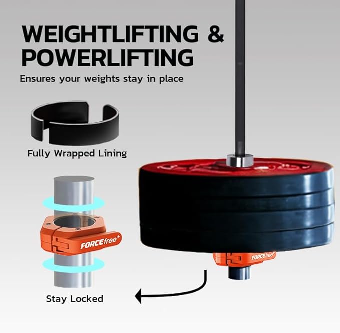Forcefree+ Barbell Clips (Pair), Barbell Clamps, Quick Release Olympic Barbell Clamps with Anti Slip TPR Grip, Barbell Collars for Secure Weightlifting & Powerlifting (Non Magnetic, Orange)