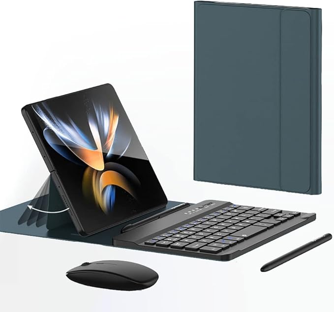 voppton for Samsung Galaxy Z Fold 7 6 5 Keyboard and Mouse, Portable Mini 7.9 inch Bluetooth Keyboard with Leather Case and Capacitive Pen, 4 in 1 Set for Z Trifold Fold7 Accessories,Green