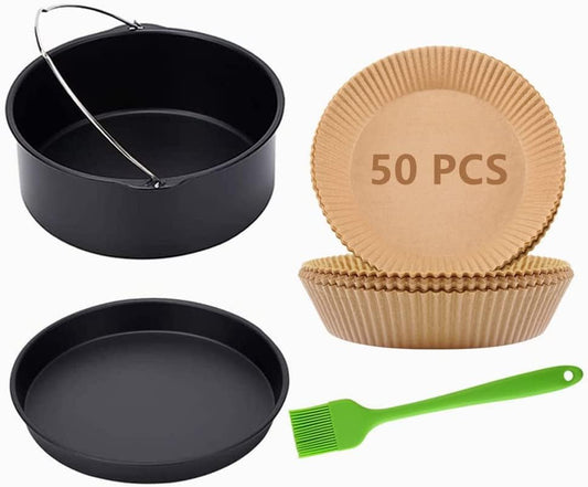 Ninja Air Fryer Accessories Set - 7 Inch Cake Barrel, Pizza Pan & 50 Pcs Baking Paper | Silicone Brush