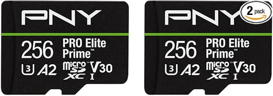 PNY 256GB PRO Elite Prime™ C10 U3 V30 A2 microSDXC Flash Memory Card – Ultra-Fast Speeds, Read 200MB/s, Write 150MB/s, 4K UHD, Full HD, UHS-I, for Smartphones, Drones, Action Cameras, 2-Pack