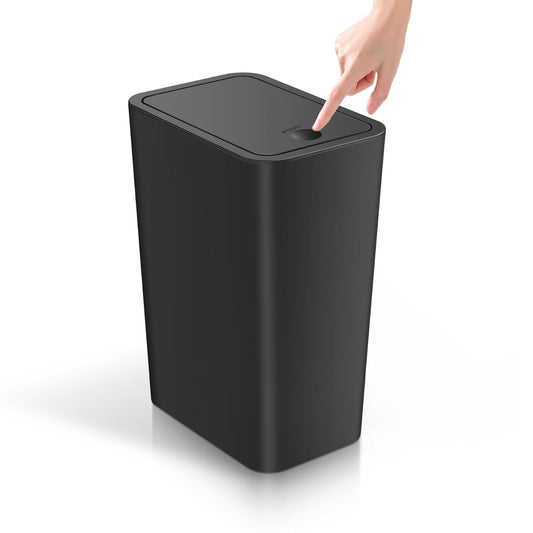 TIPGO Bathroom Trash Can - 4 Gallon Press Top Bin with Pop-Up Lid | Black Plastic Wastebasket for Home or Office
