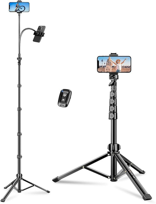 Phone Tripod, 86" Tall Tripod Stand with Gooseneck and Remote, Suitable for Recording Fitness Vlog Watching Cooking, Compatible with Smartphone, Camera, 1 Pcs
