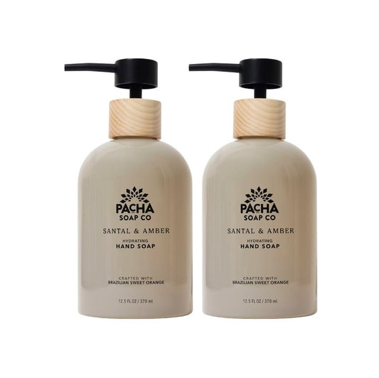 Pacha Soap Co. Liquid Hand Soap Glass Bottles - Santal & Amber, Hydrating & Moisturizing Formula with Clean Ingredients, Paraben, sulfate, and Dye Free, Made in the USA, 2-Pack (12.5 fl oz Each)