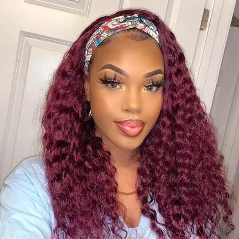 Headband Wig - 99J Burgundy Deep Wave | 10 Inch 180% Density Human Hair Wig