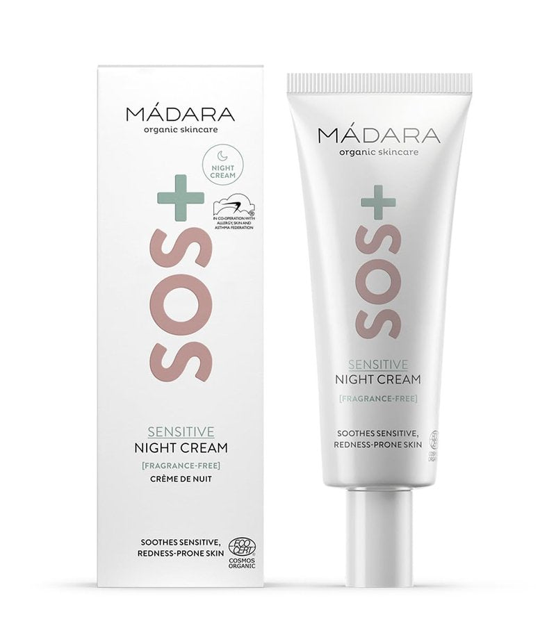 Madara Organic Skincare | SOS+ Sensitive Night Cream - Calming Moisture for Redness-Prone Skin, Fragrance-Free