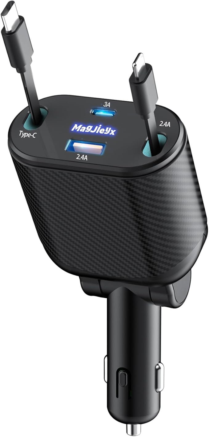 MAGJIEYX Retractable Car Charger, Fast Charging Adapter 62W Type-C/USB-i Cables and USB C/USB A QC & PD Ports for iPhone 17/16/15/14/13/12Pro Max Plus,iPad,AirPods, Galaxy
