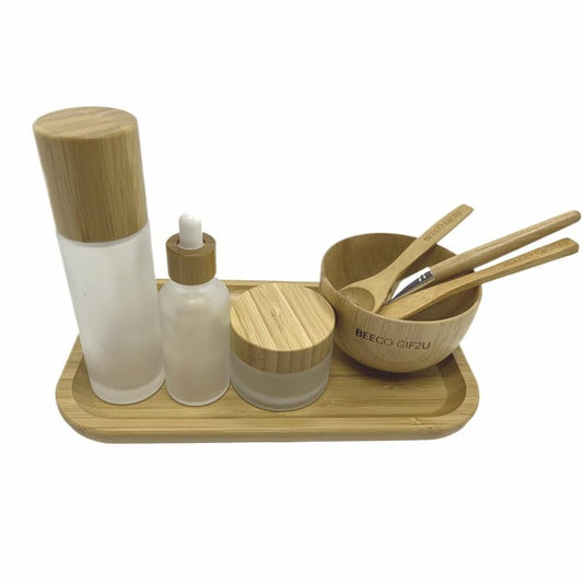 BEECO GIF2U Face Mask Mixing Bowl Set Bamboo,8 Pcs Diy Facemask Mixing Tool Kit With Facial Mask Bowl,Spatula,Spoon,Brush,Empty Refilable Lotion Pump Bottle,Cream Jar and Dropper Bottle and Tray