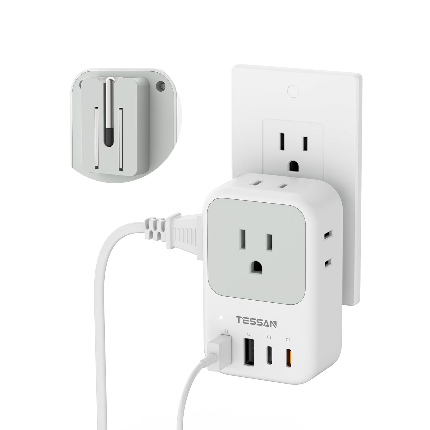 TESSAN USB C Charger Block 20W PD, Fast Charging Adapter with Foldable Plug, 1875W Power Outlet Extender(4 AC and 4 USB) for Cruise, Home, Office, Dorm Room Essentials, Grey