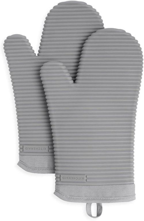 KitchenAid Ribbed Soft Silicone Oven Mitts - Heat Resistant 2-Pack Set, 7.5"x13", Grey
