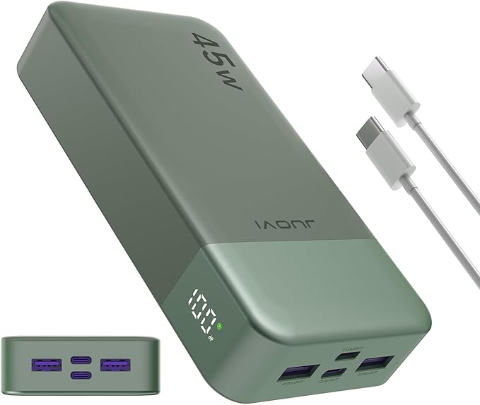 JUOVI Power Bank, 20000mAh 45W Portable Charger, PD3.0 QC4.0 Fast Charging with LED Display, 2 USB-C, 2 USB-A, Battery Pack for iPhone 15 14 13 Series, MacBook, Galaxy, iPad, and More (Green)