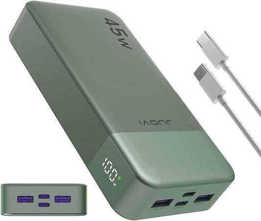 JUOVI Power Bank, 20000mAh 45W Portable Charger, PD3.0 QC4.0 Fast Charging with LED Display, 2 USB-C, 2 USB-A, Battery Pack for iPhone 15 14 13 Series, MacBook, Galaxy, iPad, and More (Green)