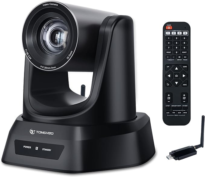 TONGVEO Wireless AI PTZ Camera with Auto-Tracking: Built-in 5.8GHz Receiver for Cable-Free Setup, 1080P 60fps 3X Zoom Conference Camera for Church Services, Online Classes & Hybrid Meetings