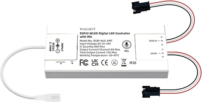 WeGoIOT ESP32 Ultra-Thin WLED Digital Light Strip Controller with Mic Sound Mode DC5-24V RGB IC Digital Dynamic Light WS2811 WS2812B SK6812 SM16703P Flexible DIY FCOB Addressable LED Strip