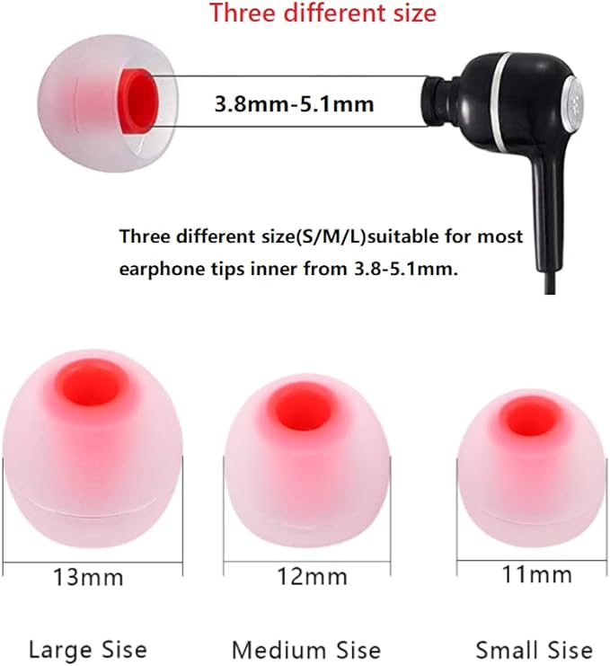 CYADCI Earbud Replacement Tips Silicone Earbud Tips Headphone Earbud Tips Ear Gels Fit for Inner Hole from 3.8mm - 5.1mm Earphones 9 Pairs S/M/L Clear Red