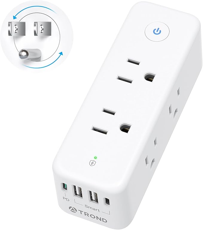 TROND Outlet Extender with 360° Rotating Plug, 6 AC Outlet Splitter with On/Off Switch, Multi Plug Adapter with PD 20W USB C, 2 USB-A & 2 USB-C, 3 Way Wall Extension Outlet for Home Office Travel