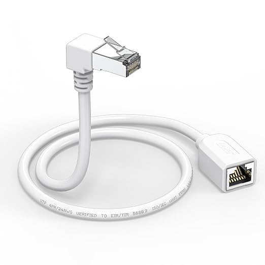 JUXINICE Right Angle Ethernet Extension Cable Down Angle1.5ft-White, 90 Degree CAT6 Ethernet Patch Cable RJ45 LAN Cable Extender Male to Female Connector for Router Modem Smart TV PC Computer Laptop